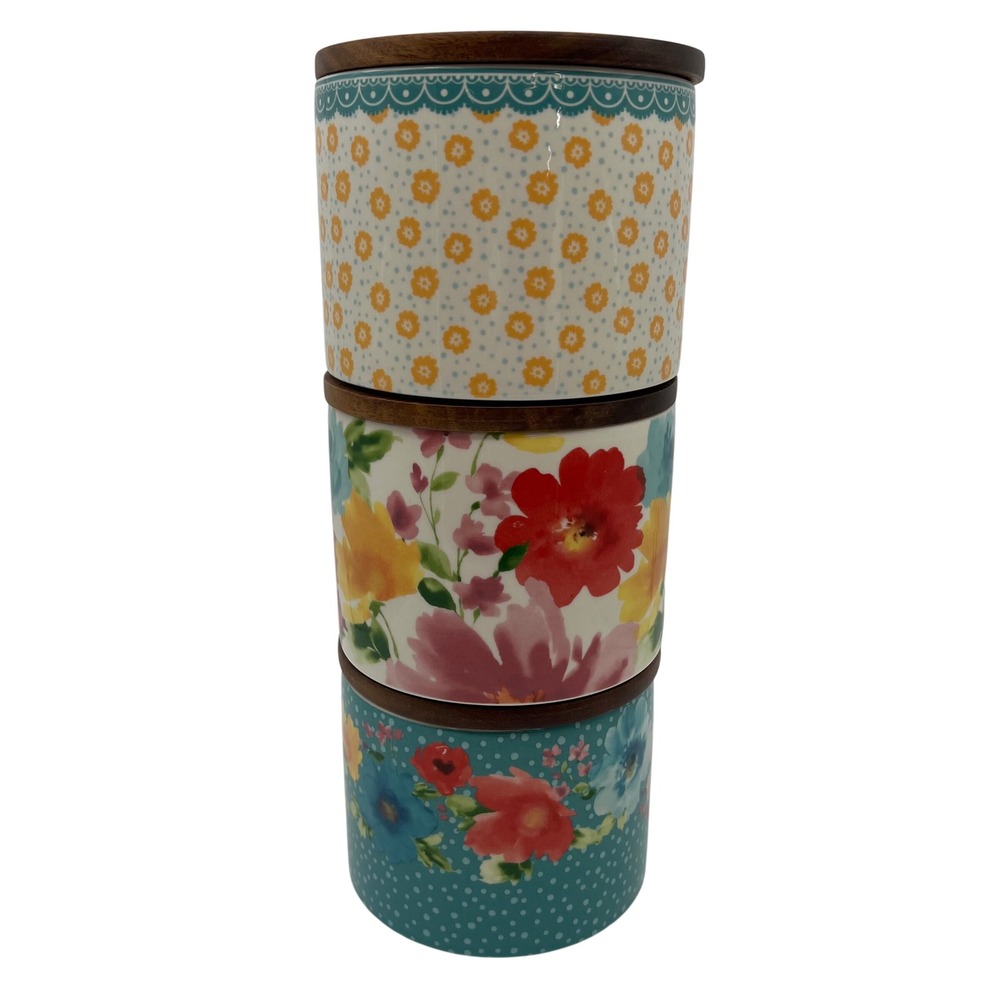 The Pioneer Woman Stackable 3 Piece Stoneware Canister Set Acacia Sealing Lids
